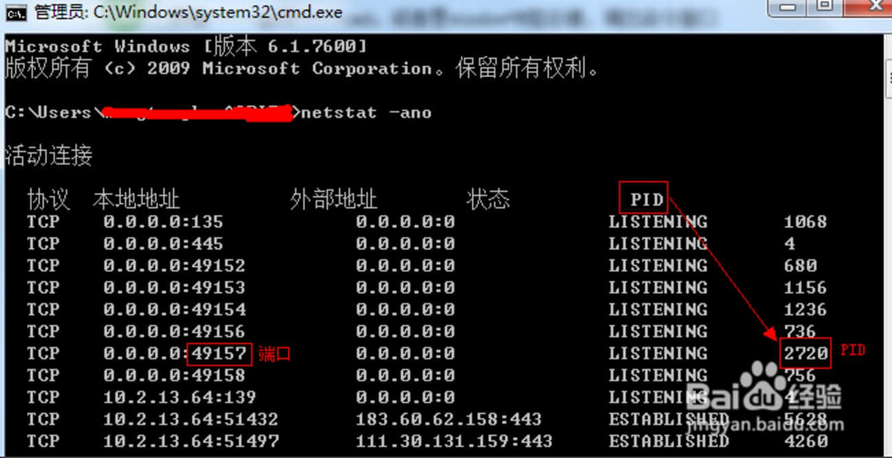 查看被占用端口對應的PID